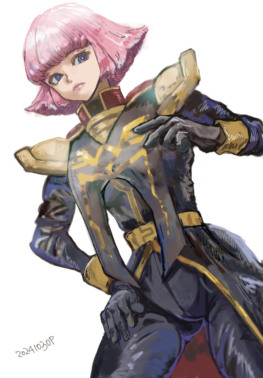 1girl 2024 black_gloves black_shirt blue_eyes cropped_legs dated gloves gundam gundam_zz haman_karn highres long_hair medium_hair military_uniform neo_zeon okrdisk2000 pink_hair science_fiction shirt simple_background solo white_background
