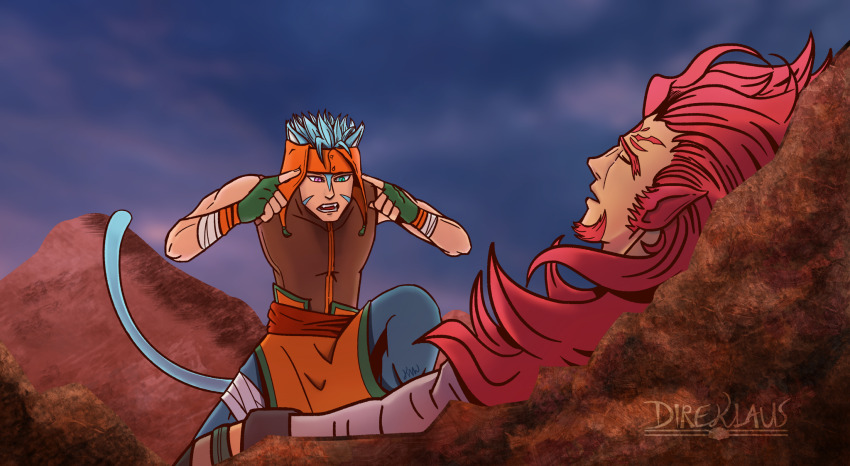 2boys animal_ears artist_name blue_hair cat_boy cat_ears commentary direklaus facial_hair fire_emblem fire_emblem:_radiant_dawn goatee heterochromia highres long_hair male_focus meme multiple_boys nintendo outdoors ranulf_(fire_emblem) red_hair short_hair skrimir_(fire_emblem) think_mark_think!_(meme)