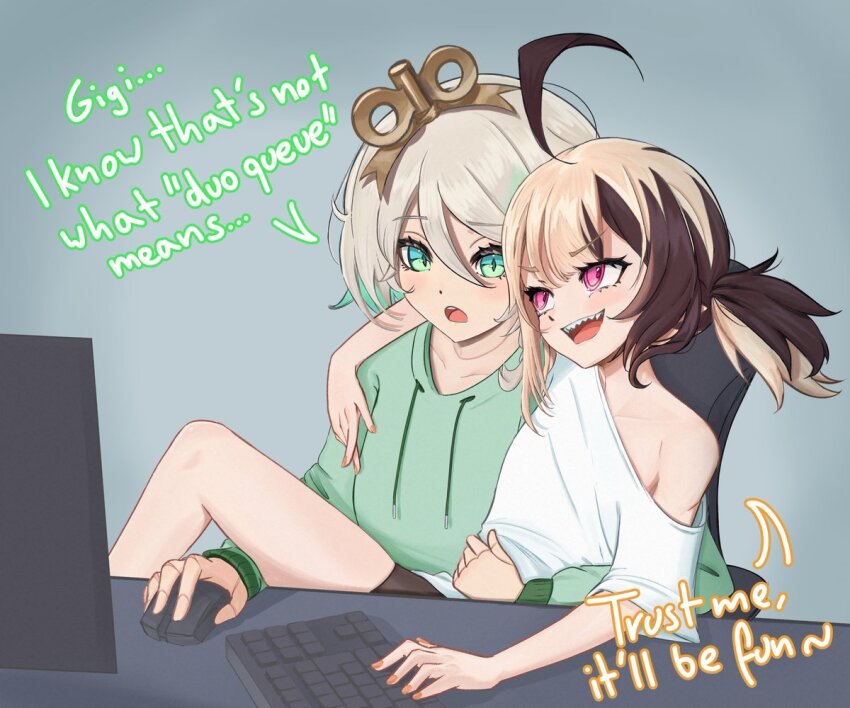 2girls ahoge arm_around_shoulder blonde_hair blush brown_hair cecilia_immergreen colored_inner_hair computer_keyboard computer_mouse doll_joints gigi_murin green_eyes green_hair grey_hair hololive hololive_english hood hoodie joints monitor multicolored_hair multiple_girls off_shoulder open_mouth pink_eyes sharp_teeth short_hair sitting sitting_on_lap sitting_on_person smile squaerart teeth twintails two-tone_hair virtual_youtuber winding_key yuri