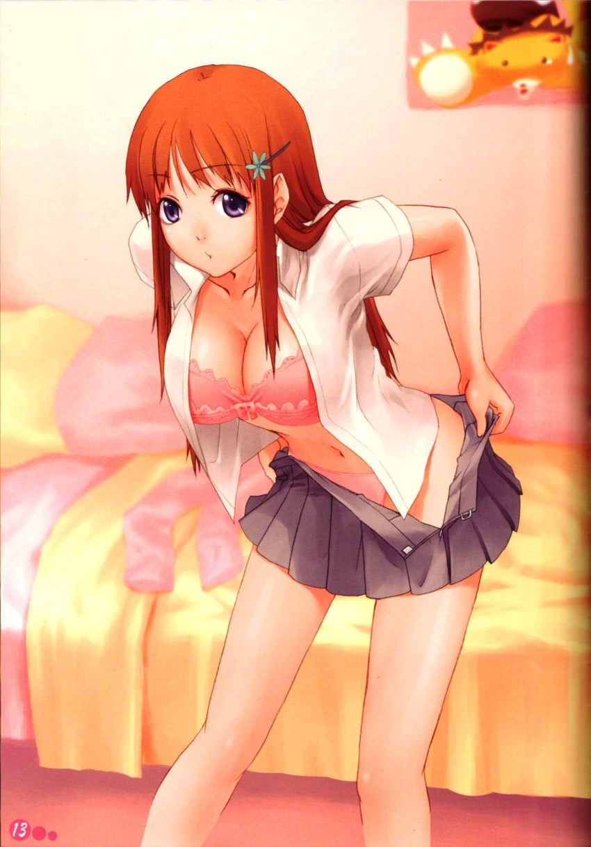 00s 1girl bed bleach bra breasts cleavage female_focus hair_ornament hairpin highres inoue_orihime large_breasts lingerie long_hair open_clothes open_shirt orange_hair panties pua purple_eyes school_uniform serafuku shirt skirt solo underwear undressing unzipped