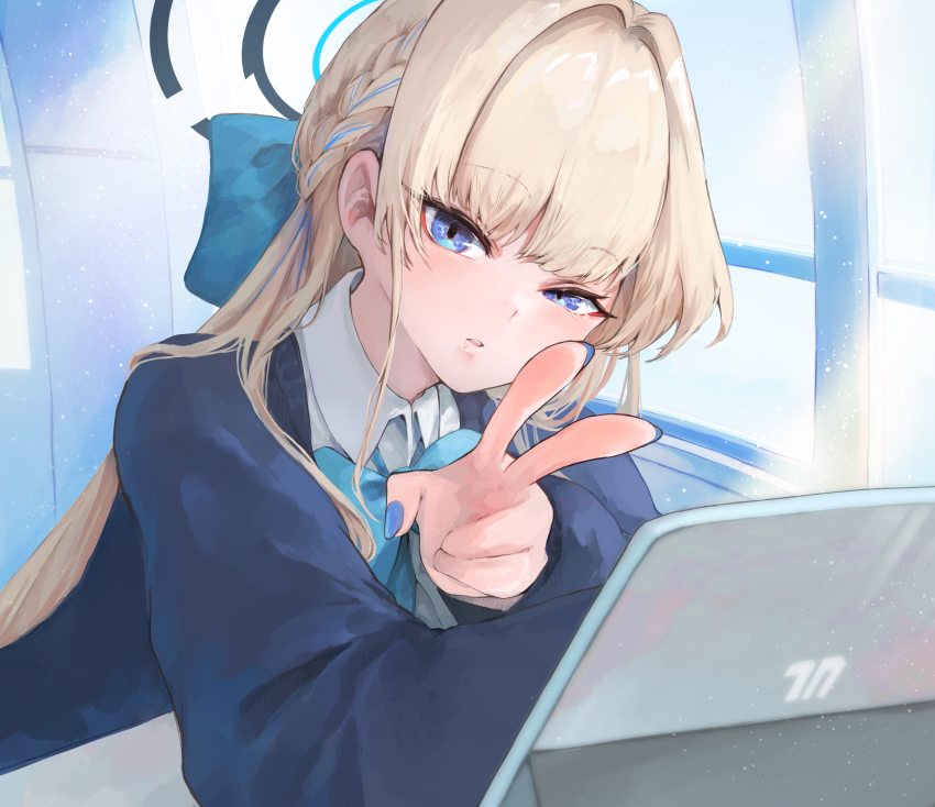 1girl absurdres blonde_hair blue_archive blue_bow blue_cardigan blue_eyes bow braid cardigan closed_mouth hair_bow highres koyuuuuuuuuuuu long_hair official_alternate_costume official_alternate_hairstyle shirt solo toki_(blue_archive) toki_(school_uniform)_(blue_archive) v white_shirt