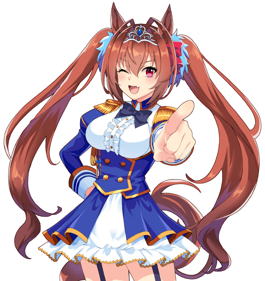 1girl ;d absurdres animal_ears antenna_hair black_bow black_bowtie blue_jacket blush bow bowtie breasts brown_hair buttons center_frills cowboy_shot daiwa_scarlet_(umamusume) double-breasted ear_bow epaulettes fang framed_breasts frilled_shirt frills hair_between_eyes hair_intakes hand_on_own_hip highres horse_ears horse_girl horse_tail jacket juliet_sleeves large_breasts layered_skirt long_hair long_sleeves looking_at_viewer one_eye_closed open_mouth pointing pointing_at_viewer puffy_sleeves red_bow red_eyes shirt simple_background skin_fang skirt smile solo tail tawashi_hechima tiara twintails umamusume underbust very_long_hair white_background white_shirt