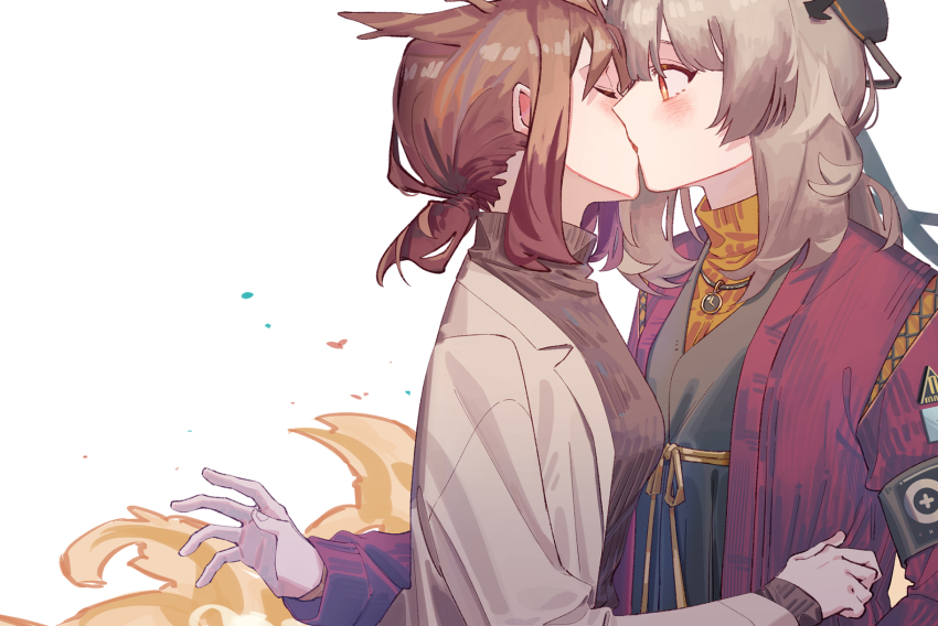 2girls alternate_costume arknights armband bad_id bad_twitter_id black_headwear blush breasts brown_hair brown_sweater clock closed_eyes coat french_kiss gloves grey_hair grey_jacket hat highres jacket jewelry kiss long_hair long_sleeves looking_at_another medium_breasts mole mole_under_eye multiple_girls necklace official_alternate_costume open_clothes open_coat open_jacket orange_eyes owl_ears ponytail ptilopsis_(arknights) ptilopsis_(serenity)_(arknights) purple_coat short_hair short_ponytail sidelocks simple_background sweater upper_body white_background white_gloves yuri zy_(zyyyyyyy9)