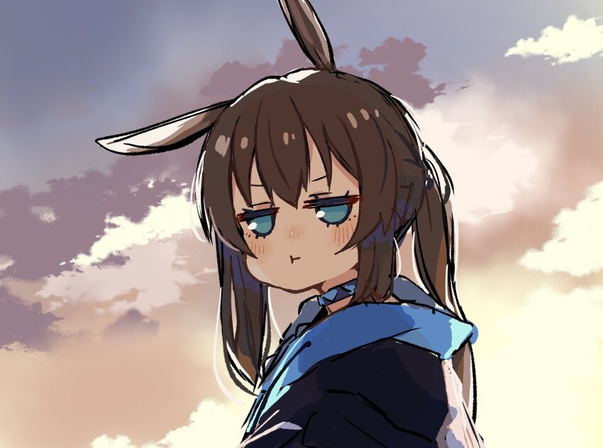 amiya_(arknights) animal_ears arknights brown_hair closed_mouth cloud cloudy_sky collar highres long_hair looking_at_viewer pout rabbit_ears sky sukima_(crie) sunlight