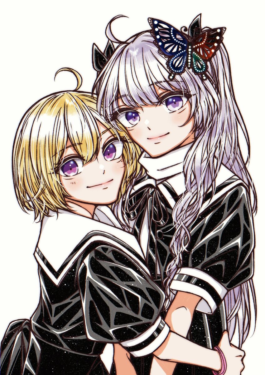 2girls ahoge assault_lily black_bow black_ribbon black_skirt blonde_hair blush bow butterfly_hair_ornament closed_mouth commentary_request cropped_jacket grey_hair hair_between_eyes hair_bow hair_ornament heads_together height_difference high-waist_skirt highres hug imagawa_homare light_particles long_hair looking_to_the_side mole mole_under_eye multiple_girls neck_ribbon puffy_short_sleeves puffy_sleeves purple_eyes ribbon sail_(clipper_67) school_uniform seike_tomoyo short_hair short_sleeves simple_background skirt smile standing two_side_up upper_body wavy_hair white_background yuri yurigaoka_girls_academy_school_uniform