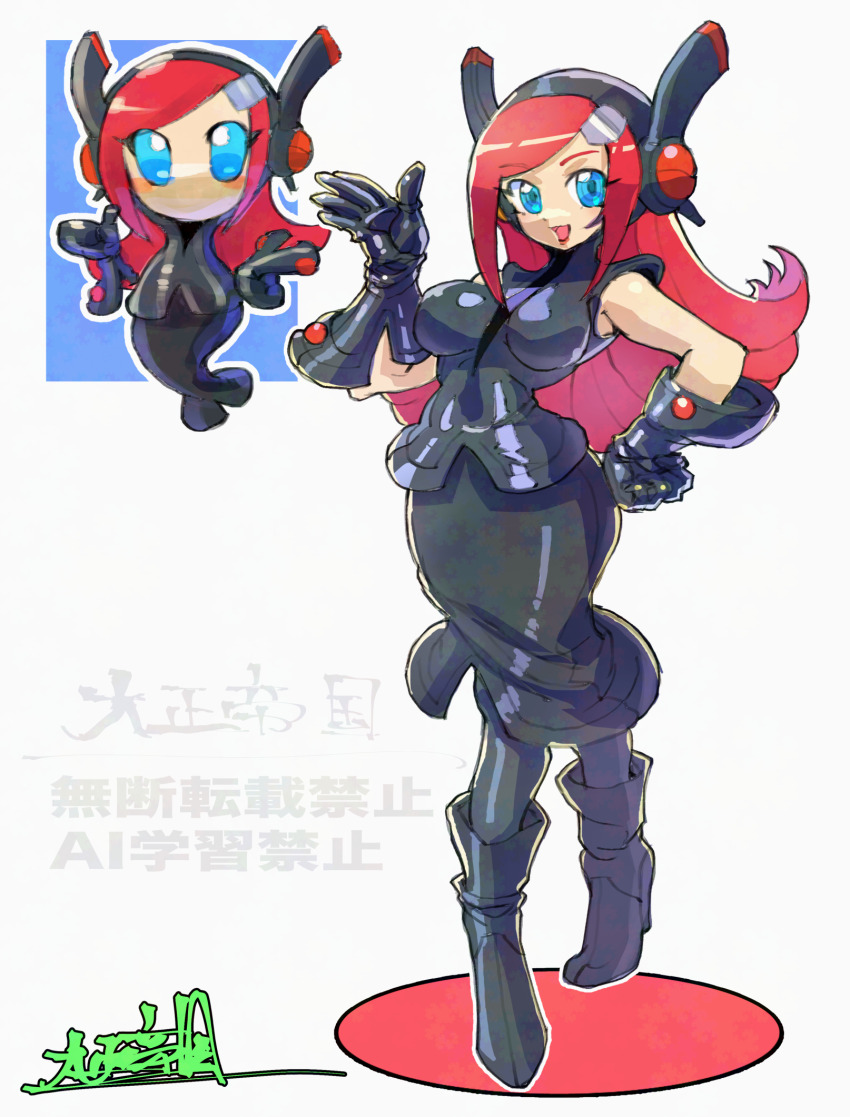 black_boots black_gloves black_shirt black_skirt blue_eyes boots flipped_hair gloves hair_ornament hairclip hand_on_own_hip highres kirby:_planet_robobot kirby_(series) nintendo oomasa_teikoku pantyhose parallel_susie personification rayman_limbs red_hair shirt skirt sleeveless susie_(kirby) tagme