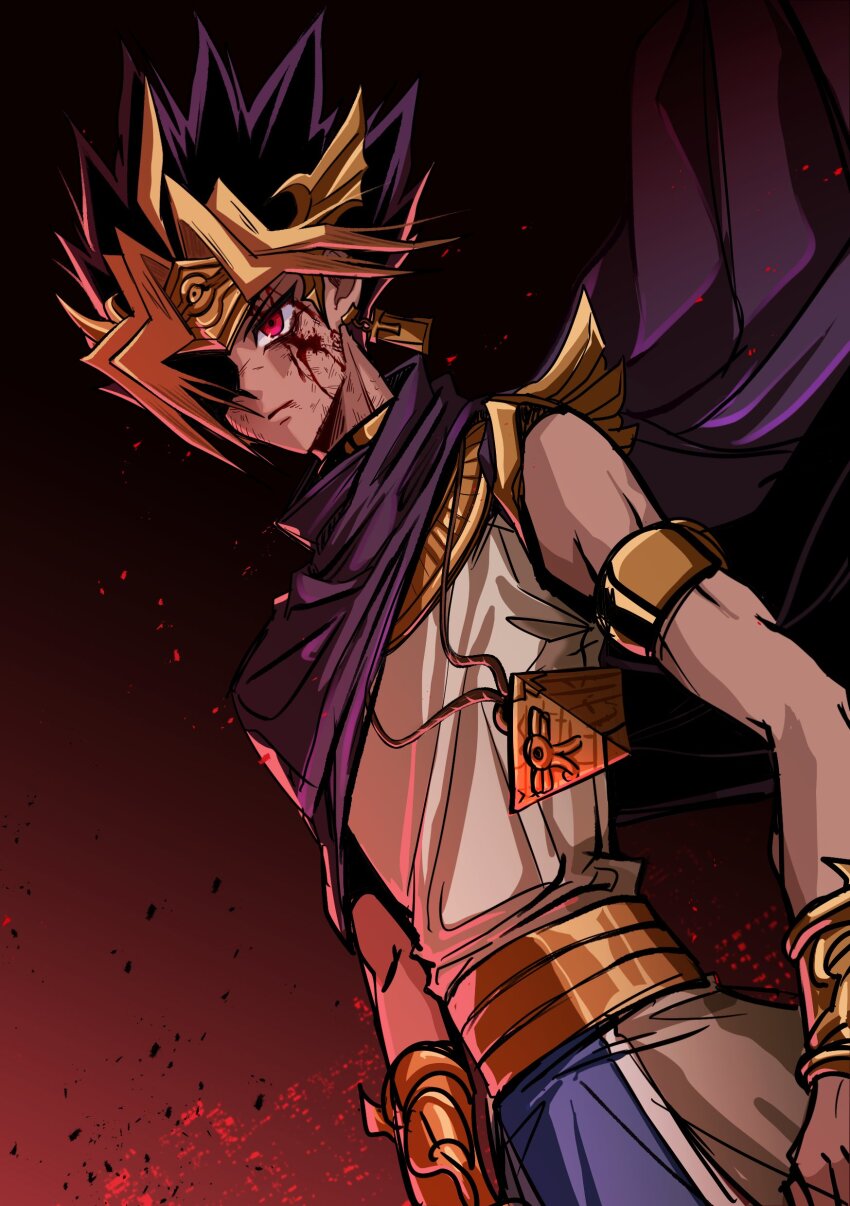 1boy absurdres ancient_egyptian_clothes armlet atem blonde_hair blood blood_on_face cape closed_mouth dutch_angle embers floating_cape frown highres jewelry looking_ahead male_focus millennium_puzzle multicolored_hair purple_cape purple_hair red_eyes sayeong0906 sleeveless solo spiked_hair standing yu-gi-oh! yu-gi-oh!_duel_monsters