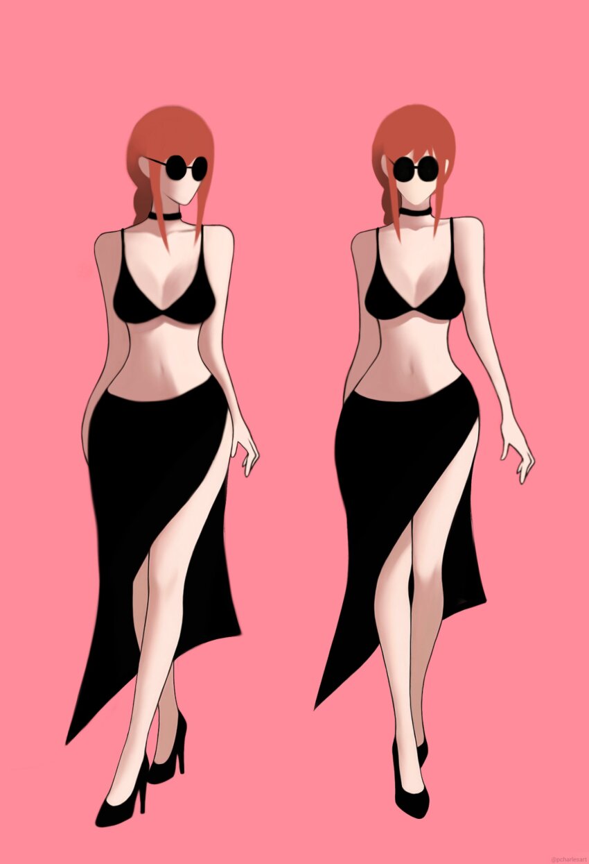 1girl absurdres bikini black_bikini black_choker black_sarong breasts chainsaw_man choker full_body high_heels highres large_breasts makima_(chainsaw_man) multiple_views navel pcharlesart pink_background red_hair round_eyewear sarong standing sunglasses swimsuit