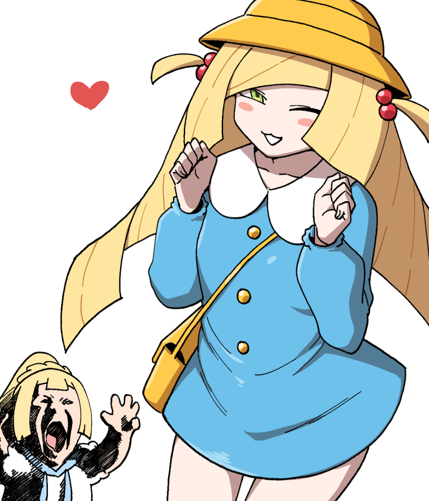 2girls ai-generated_art_(topic) alternate_costume ash_baby_(meme) bag blonde_hair blue_dress blush_stickers bucket_hat buttons clenched_hands collared_dress commentary dress green_eyes grin hands_up hat heart highres lillie_(pokemon) long_hair long_sleeves lusamine_(pokemon) meme mother_and_daughter multiple_girls nintendo nutkingcall one_eye_closed pokemon pokemon_sm short_dress shoulder_bag simple_background smile teeth two_side_up white_background yellow_bag yellow_hat