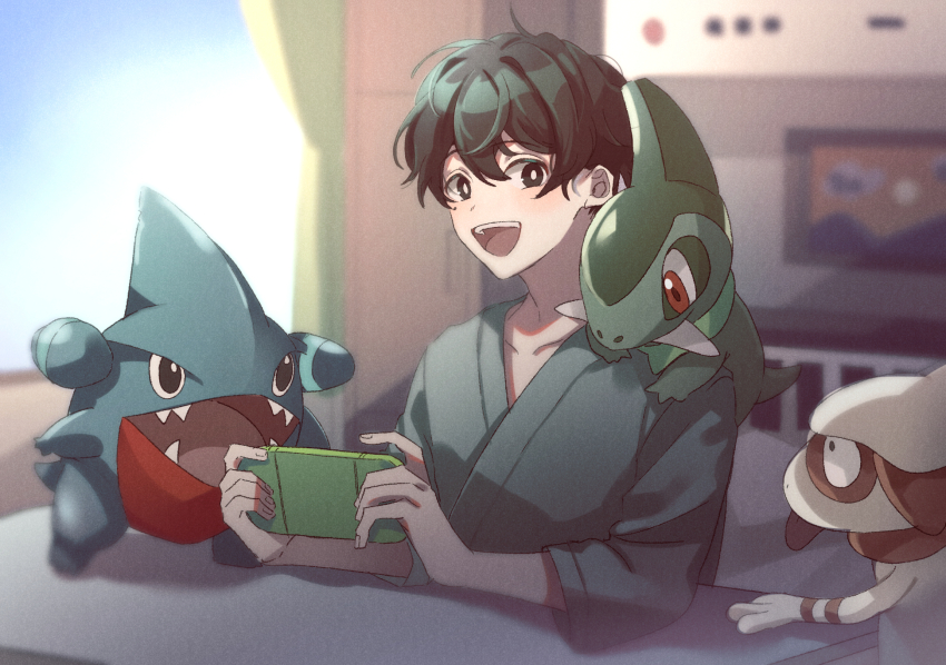 1boy :d axew bed black_eyes black_hair blanket blurry blurry_background bright_pupils commentary_request crossover curtains day gen_2_pokemon gen_4_pokemon gen_5_pokemon gible hair_between_eyes handheld_game_console highres holding holding_handheld_game_console hospital_bed indoors kagerou_project kokonose_haruka looking_at_another looking_at_screen looking_at_viewer looking_to_the_side male_focus mokemoke_chan mole mole_under_eye nintendo on_bed open_mouth painting_(object) pokemon pokemon_(creature) sharp_teeth short_hair sitting smeargle smile teeth upper_body upper_teeth_only white_pupils wide_sleeves window