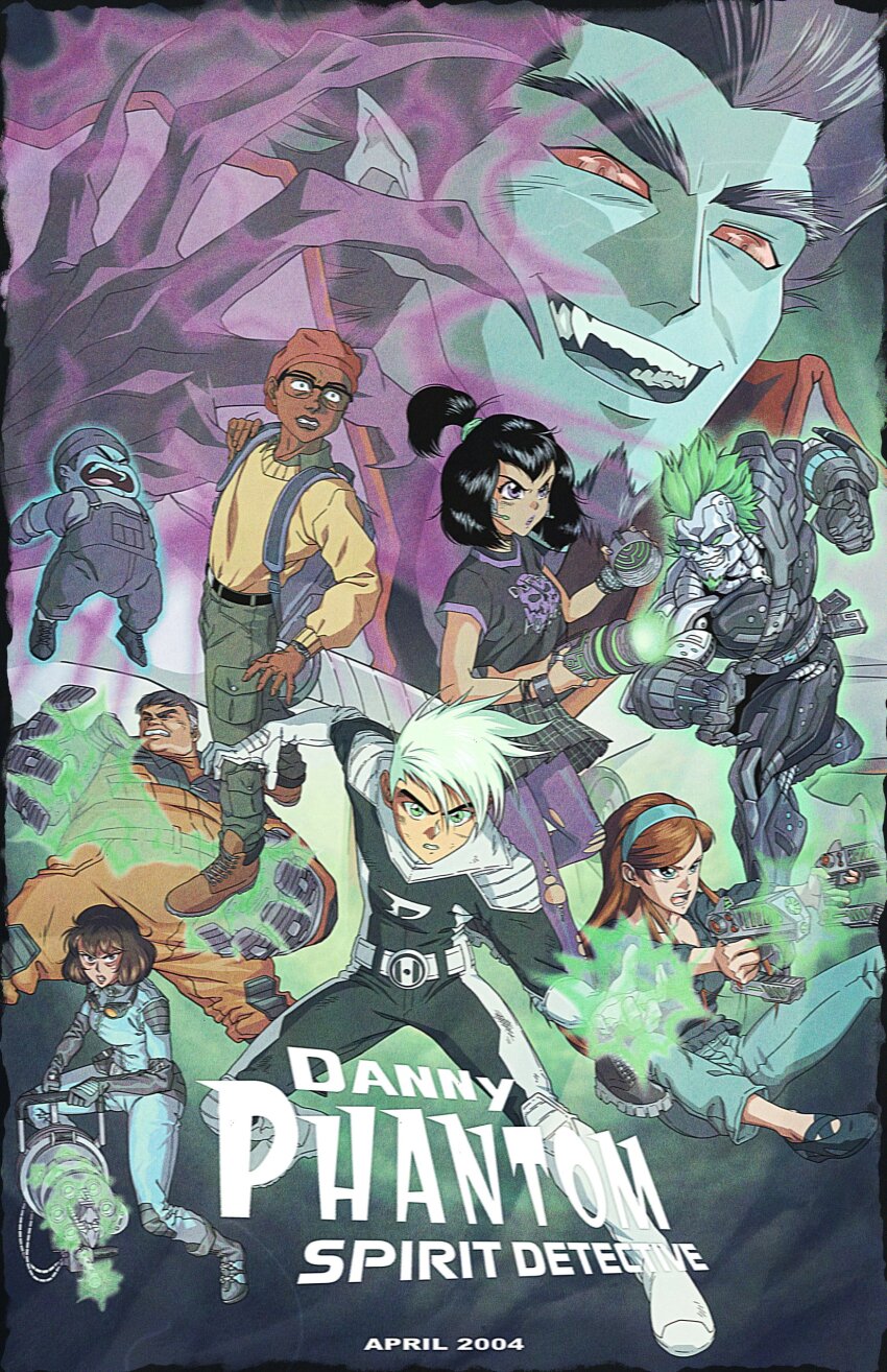 3girls 6+boys absurdres android aura black_hair bodysuit box_ghost breasts claws cleavage commentary danny_fenton danny_phantom dark-skinned_male dark_skin dated english_commentary english_text everyone fantasy fuzzzycomics ghost glasses goth_fashion green_hair grey_hair gun highres holding holding_gun holding_weapon jasmine_fenton maddie_fenton male_focus multicolored_hair multiple_boys multiple_girls nickelodeon red_eyes red_hair sam_manson skulker superhero_costume teeth tucker_foley two-tone_hair vlad_masters weapon white_hair yuu_yuu_hakusho