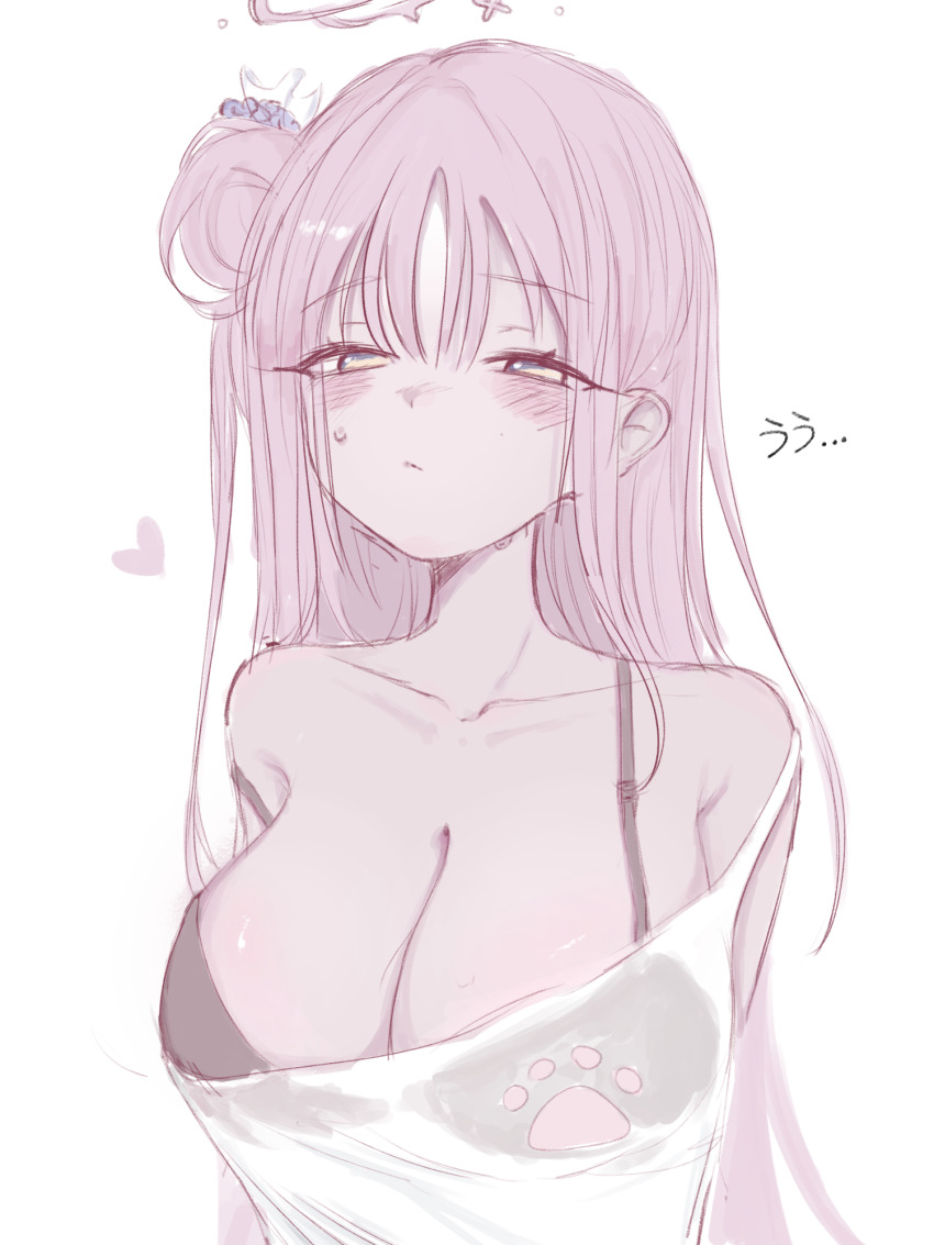 1girl bikini bikini_under_clothes black_bikini blue_archive blush breasts collarbone commentary hair_bun heart highres large_breasts long_hair looking_at_viewer mika_(blue_archive) okogeyu pink_hair see-through_clothes see-through_shirt shirt simple_background single_side_bun solo sweatdrop swimsuit upper_body very_long_hair white_background white_shirt yellow_eyes