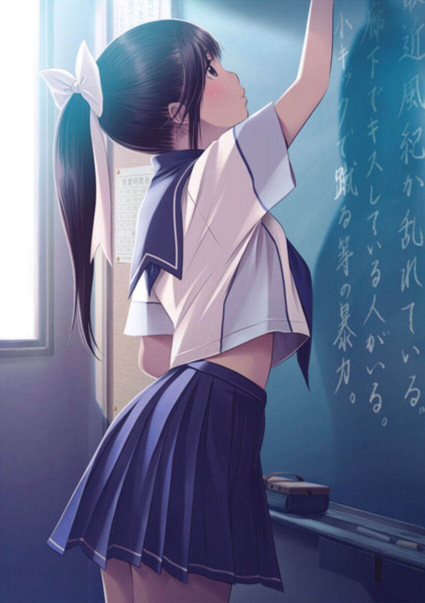 1girl arm_up black_hair blue_skirt blush bow breasts chalk chalkboard classroom closed_mouth commentary_request desk from_side hair_ribbon highres indoors long_hair love_plus midriff_peek mino_tarou official_art pink_bow pleated_skirt ponytail ribbon school_desk school_uniform serafuku shirt short_sleeves skirt solo takane_manaka translation_request white_ribbon white_shirt window writing