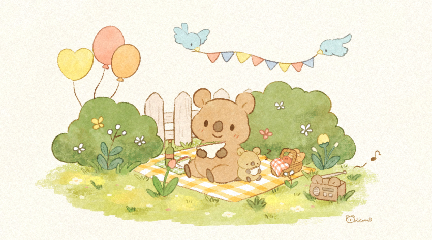 animal_focus balloon bear bird bush fence flower food highres holding holding_food holding_sandwich mian_(user_kwcj2833) musical_note no_humans original picnic picnic_basket pink_flower radio sandwich signature smile string_of_flags yellow_flower zzz