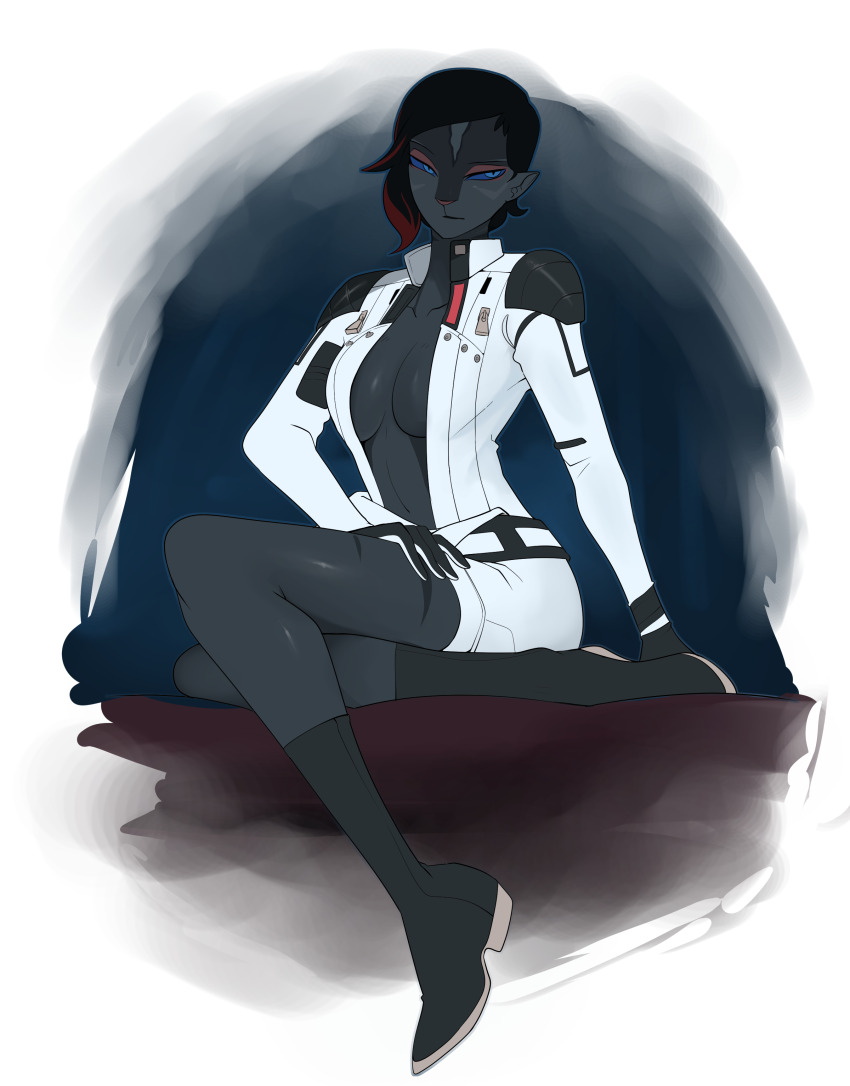 :3 absurdres alien black_hair blue_eyes boots breasts cat_girl cathar_(star_wars) dark-skinned_female dark_skin highres ishton medium_breasts military_uniform open_clothes open_shirt pointy_ears shiny_skin short_hair simple_background sith sitting star_wars star_wars:_the_old_republic thighs