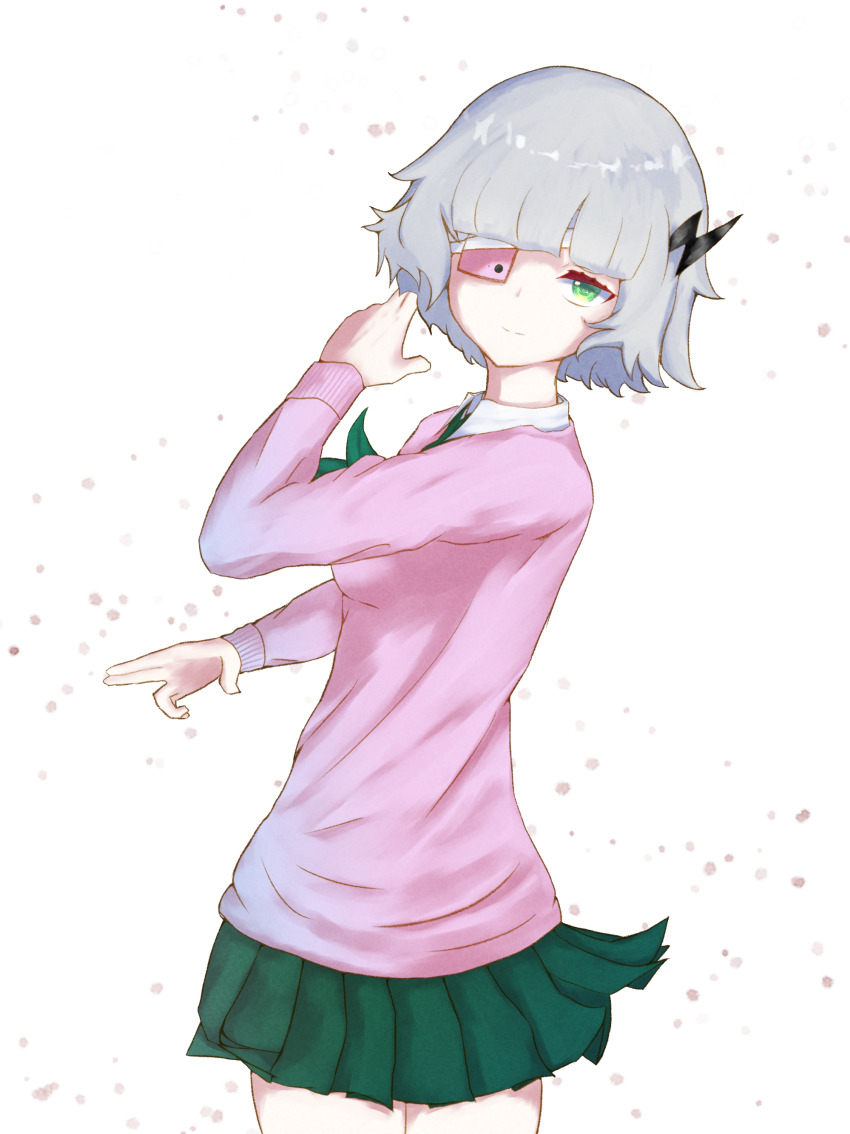 1girl absurdres bandaged_head bandages black_horns blunt_bangs cellphone collared_shirt cowboy_shot eyepatch from_side green_eyes green_neckerchief green_skirt half-closed_eye highres horns long_sleeves looking_at_viewer looking_back miniskirt neckerchief phone phone_eyepatch pink_sweater pleated_skirt puffy_sleeves rj_(coeurdemetale) ruru_(shinsei_kamattechan) shinsei_kamattechan shirt short_hair simple_background single_horn skirt smile solo standing sweater thighs white_background white_hair white_shirt
