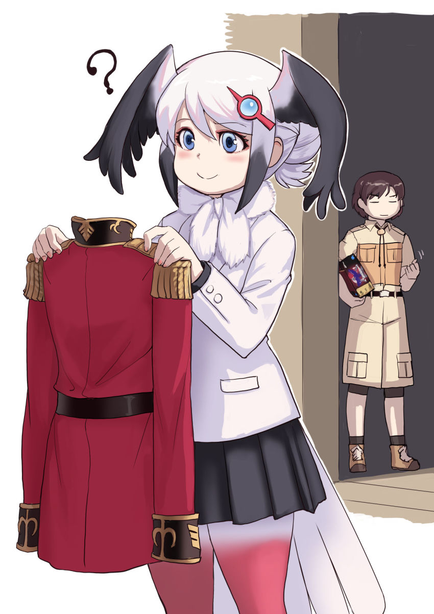 1boy 1girl ? bike_shorts bike_shorts_under_shorts bird_girl bird_tail bird_wings black_hair black_skirt black_socks blue_eyes blush boots box brown_footwear brown_hair brown_shirt brown_shorts captain_(kemono_friends) commentary_request fur_collar gradient_legwear head_wings highres jacket kemono_friends kemono_friends_3 khakis kosai_takayuki long_sleeves multicolored_hair oriental_stork_(kemono_friends) pantyhose pleated_skirt red_jacket red_pantyhose shirt short_hair short_sleeves shorts sidelocks skirt socks t-shirt tail uniform white_fur white_hair white_jacket white_pantyhose wings