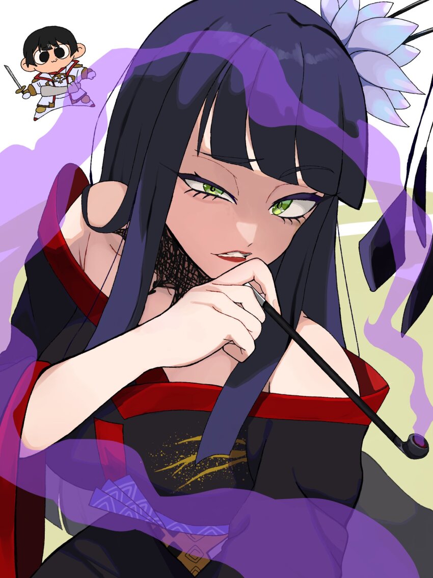 1girl asahi_sas_brutus bare_shoulders black_collar black_hair black_kimono blunt_bangs blunt_ends chibi chibi_inset clenched_teeth collar final_fantasy final_fantasy_xiv flower from_above glaa_da green_eyes hair_flower hair_ornament hair_stick hand_up highres holding holding_smoking_pipe hyur japanese_clothes kimono kiseru lace_collar long_hair looking_at_viewer obi obiage off_shoulder parted_lips red_lips red_trim sash sidelocks simple_background smoke smoking_pipe solo squinting straight_hair teeth two-tone_background uneven_eyes upper_body white_background white_flower yotsuyu_goe_brutus