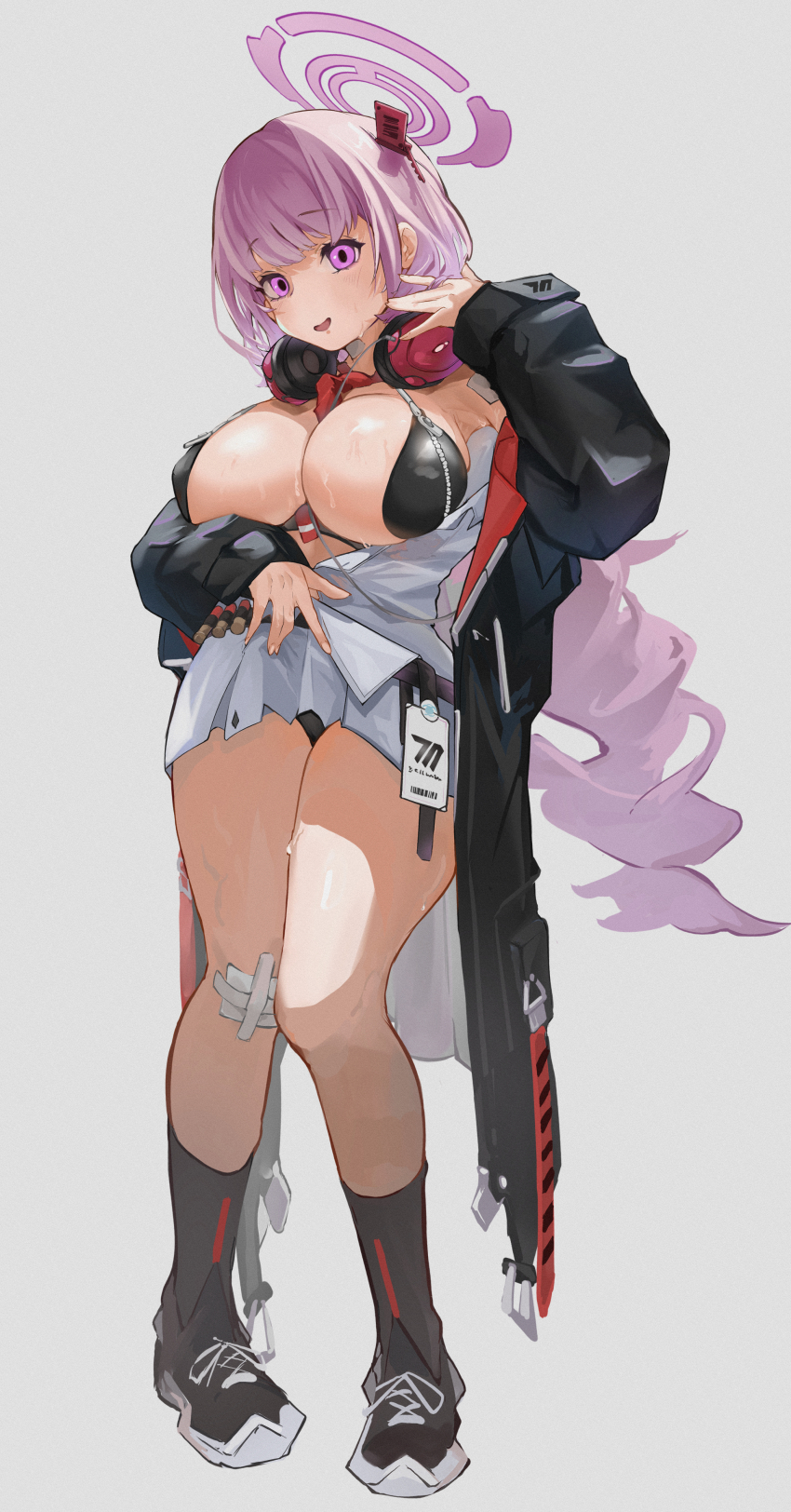 1girl absurdres bikini black_bikini black_coat black_shoes black_socks blue_archive breast_zipper breasts coat commentary eimi_(blue_archive) fingernails full_body gauze_on_knee grey_background halo hand_up headphones headphones_around_neck highres kneehighs kuriband1 large_breasts long_hair long_sleeves looking_at_viewer open_clothes open_mouth pink_eyes pink_hair pink_halo shoes simple_background smile socks solo swimsuit zipper_bikini