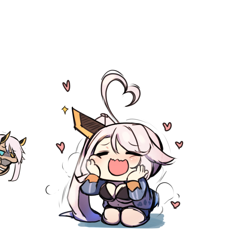 2girls ahoge akaoni_(zumt3548) azur_lane bikini black_bikini black_bra bra breasts chibi closed_eyes dark-skinned_female dark_skin hand_on_own_cheek hand_on_own_face heart heterochromia highres horns indianapolis_(azur_lane) kneeling large_breasts multiple_girls pink_hair portland_(azur_lane) simple_background smile swimsuit underwear white_background