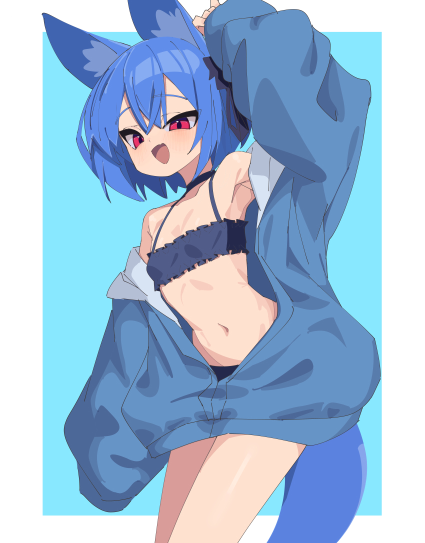 1girl absurdres animal_ears bikini black_bikini blue_hair blue_hoodie border commentary cowboy_shot flat_chest fox_ears fox_tail highres hood hoodie long_sleeves looking_at_viewer miya_(myakuro) myakuro navel open_clothes open_hoodie open_mouth original oversized_clothes partially_unzipped red_eyes short_hair simple_background sleeves_past_fingers sleeves_past_wrists smile solo swimsuit tail tsurime white_border