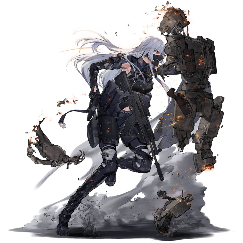 1girl ak-15 ak-15_(girls&#039;_frontline) assault_rifle belt boots breasts collar cyclops_(girls&#039;_frontline) damaged duoyuanjun exposed_internal_machinery from_side frown full_body girls&#039;_frontline grey_hair gun hair_between_eyes handgun highres holding holding_gun holding_weapon kalashnikov_rifle kcco_(girls&#039;_frontline) knee_pads long_hair looking_to_the_side mask mouth_mask mp-443_grach official_art pants punching purple_eyes rifle robot solo standing strap third-party_source transparent_background weapon