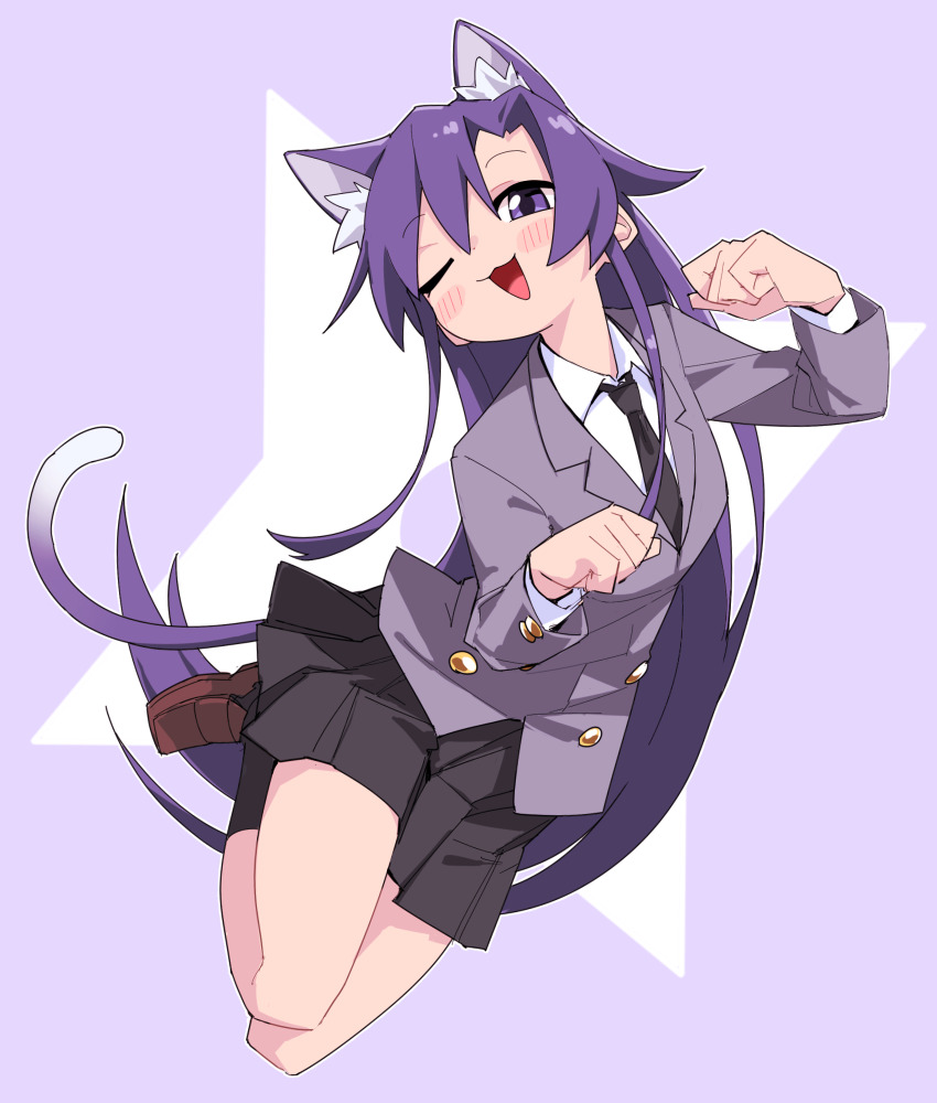 1girl :3 animal_ears black_necktie black_skirt black_socks blush cat_ears cat_girl cat_tail collared_shirt full_body goshiki_agiri grey_jacket highres jacket kill_me_baby loafers long_hair long_sleeves looking_at_viewer necktie one_eye_closed open_mouth paw_pose pleated_skirt purple_eyes purple_hair shirt shoes simple_background skirt socks solo tail two-tone_background very_long_hair white_shirt yachima_tana