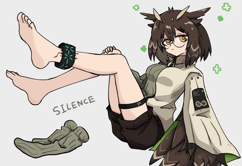 1girl arknights bare_legs barefoot breasts brown_hair english_text expressionless feather_hair feet_up full_body glasses grey_background highres infection_monitor_(arknights) long_sleeves looking_at_viewer material_growth medium_breasts orange_eyes oripathy_lesion_(arknights) owl_ears owl_girl rhine_lab_(arknights) rhine_lab_logo roika short_hair shorts silence_(arknights) simple_background sitting thigh_strap unworn_legwear