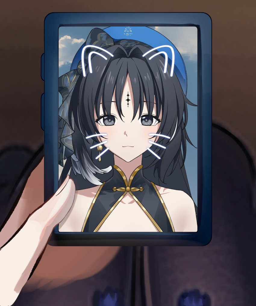 1girl absurdres bare_shoulders beret black_bow black_eyes black_hair blue_hat bow chinese_commentary collarbone commentary_request drawn_ears drawn_whiskers hair_bow hair_intakes hat highres holding holding_phone kohane_kun looking_at_viewer parted_bangs phone pov pov_hands solo straight-on tacet_mark_(wuthering_waves) upper_body wuthering_waves yangyang_(wuthering_waves)
