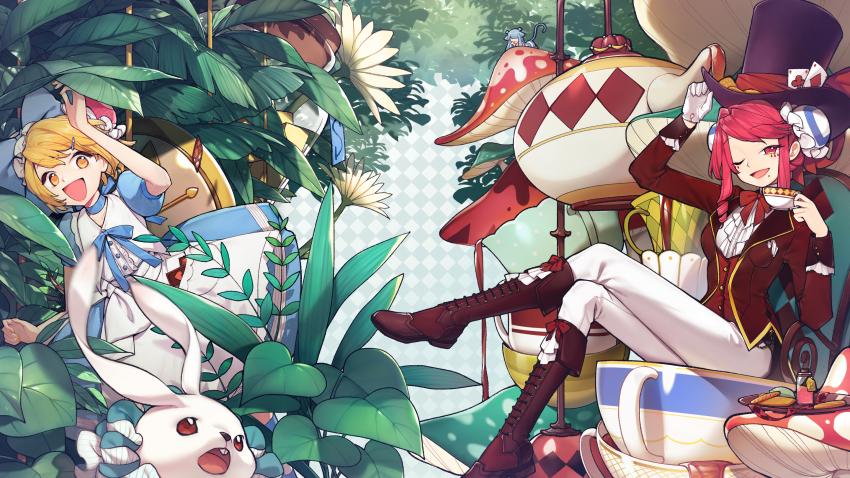 :d ;d acfun acfun_girl adjusting_clothes adjusting_headwear alice_(alice_in_wonderland) alice_(alice_in_wonderland)_(cosplay) alice_in_wonderland apron argyle_background argyle_clothes arm_up blonde_hair blue_bow blue_dress blue_ribbon boots bow bowtie bun_cover card center_frills choker ciciya clock club_(shape) collared_dress cookie cosplay cup daisy diamond_(shape) double_bun dress drink_me facial_tattoo fairy flower food footwear_bow forest frills giant_mushroom glass_bottle gloves hair_bow hair_bun hair_ornament hairclip hat highres holding holding_cup jacket knee_boots lace-up_boots leaf mad_hatter_(alice_in_wonderland) mad_hatter_(alice_in_wonderland)_(cosplay) mini_person minigirl mushroom nature neck_ribbon official_art one_eye_closed open_mouth pants plant plate playing_card pocket puffy_short_sleeves puffy_sleeves rabbit red_eyes red_footwear red_hair red_jacket red_vest ribbon ribbon_choker shirt short_sleeves sidelocks single_glove sitting smile tattoo td_girl tea teacup teapot top_hat two-tone_dress vest waist_apron waist_bow waistcoat white_apron white_dress white_gloves white_pants white_rabbit_(alice_in_wonderland) white_shirt yellow_eyes