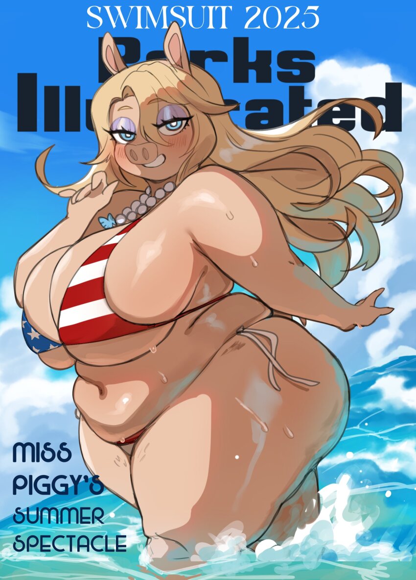0lightsource 1girl absurdres american_flag american_flag_bikini american_flag_print animal_ears beach belly bikini blonde_hair blue_eyes breasts cover english_text eyelashes eyeshadow fake_magazine_cover fat fat_rolls fat_woman flag_print flag_print_bikini furry furry_female highres huge_breasts looking_at_viewer magazine_cover makeup miss_piggy muppets ocean partially_submerged pig pig_ears pig_girl pig_snout pig_tail plump print_bikini purple_eyeshadow smile solo stretch_marks swimsuit tail thick_thighs thighs water wet wide_hips