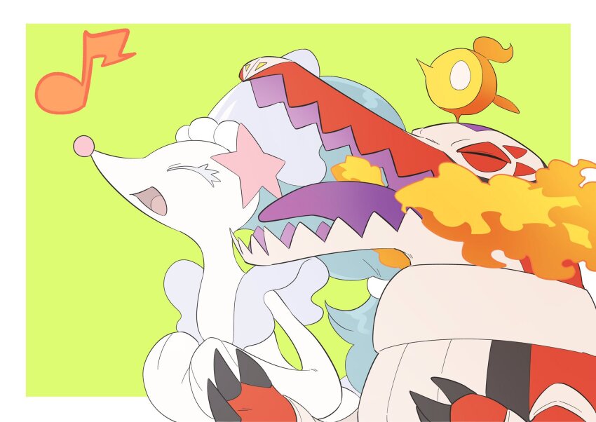 :d closed_eyes from_side gen_7_pokemon green_background highres music musical_note nintendo no_humans open_mouth pkpokopoko3 pokemon pokemon_(creature) pokemon_focus primarina singing skeledirge smile tongue