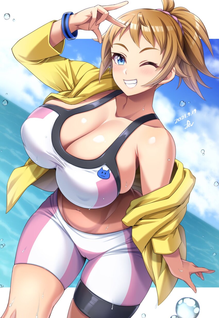 1girl bike_shorts blue_eyes blush breasts brown_hair commentary_request commission dated gundam gundam_build_fighters gundam_build_fighters_try highres hoshino_fumina huge_breasts looking_at_viewer midriff one_eye_closed ponytail scrunchie short_hair skeb_commission smile solo sports_bra two-tone_sports_bra yoohi