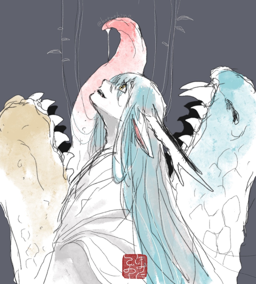 1boy absurdres animal_ears black_background blue_hair commentary_request dragon dragon_boy dragon_ears dragon_horns dual_persona eastern_dragon eastern_dragon_horns highres horns hotathino japanese_clothes kimono long_hair looking_up male_focus open_mouth original solo tongue tongue_out upper_body very_long_hair yellow_eyes