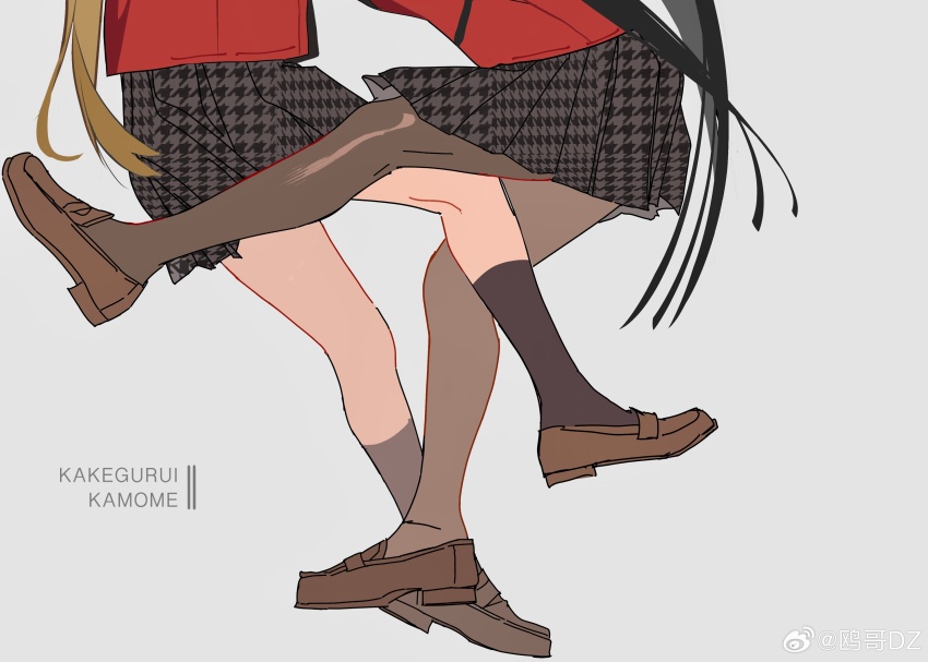 2girls absurdres black_hair black_skirt black_socks blazer blunt_ends brown_hair brown_shoes character_request chinese_commentary commentary_request copyright_name couple grey_background grey_pantyhose highres hyakkaou_academy_school_uniform interlocked_legs jabami_yumeko jacket kakegurui kneehighs long_hair lower_body miniskirt multiple_girls ouge_dz pantyhose pleated_skirt red_jacket saotome_mary school_uniform see-through_pantyhose shoes simple_background skirt socks straight_hair unmoving_pattern uwabaki very_long_hair watermark weibo_watermark yuri