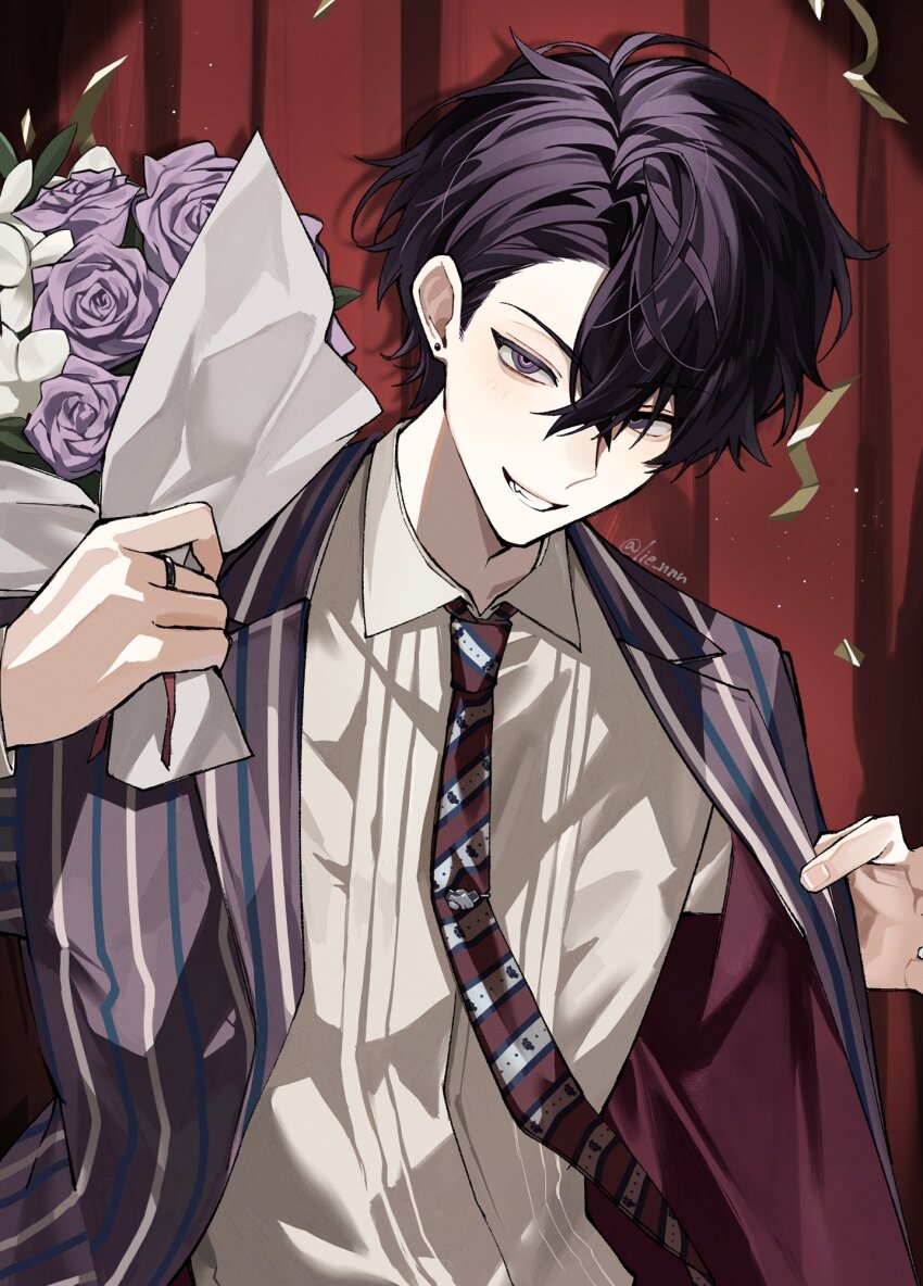 1boy artist_name black_hair blush bouquet collared_shirt commentary_request confetti crossed_bangs curtains diagonal-striped_clothes diagonal-striped_necktie earrings fang flower grin hair_between_eyes hands_up highres holding holding_bouquet holding_flower jacket jewelry lapels lie_nnn light_particles long_sleeves looking_at_viewer male_focus necktie nijisanji open_clothes open_jacket parted_bangs purple_eyes purple_flower purple_jacket purple_rose red_necktie ring rose saiki_ittetsu shadow shirt short_hair smile solo spotlight striped_clothes striped_jacket striped_necktie stud_earrings teeth tie_clip twitter_username upper_body v-shaped_eyebrows vertical-striped_clothes vertical-striped_jacket virtual_youtuber white_shirt