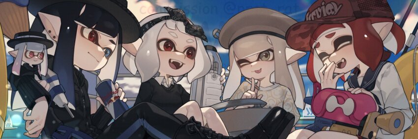 5girls ballpoint_splatling_(splatoon) bandana baseball_cap beret black_bandana black_footwear black_jacket black_leggings black_sweater blonde_hair blue_eyes blue_hair blue_neckerchief blue_sailor_collar blunt_bangs boater_hat boots brown_hat camouflage_headwear can cigarette closed_eyes closed_mouth collared_shirt commentary commission drink_can earrings energy_drink english_commentary fangs film_grain furrowed_brow green_eyes grey_hair grey_hat hat heterochromia highres holding holding_can holding_cigarette inkbrush_(splatoon) inkling inkling_girl inkling_player_character jacket jewelry lace-up_boots laughing leggings long_hair long_pointy_ears long_sleeves looking_at_another mini_person minigirl multiple_girls neckerchief nintendo one_eye_closed open_mouth pointy_ears prat_rat red_bull red_eyes red_hair red_hat sailor_collar sailor_shirt shirt short_hair sloshing_machine_(splatoon) smile splatoon_(series) splattershot_(splatoon) stud_earrings sweater tentacle_hair tongue tongue_out w watermark white_shirt zipper zipper_pull_tab