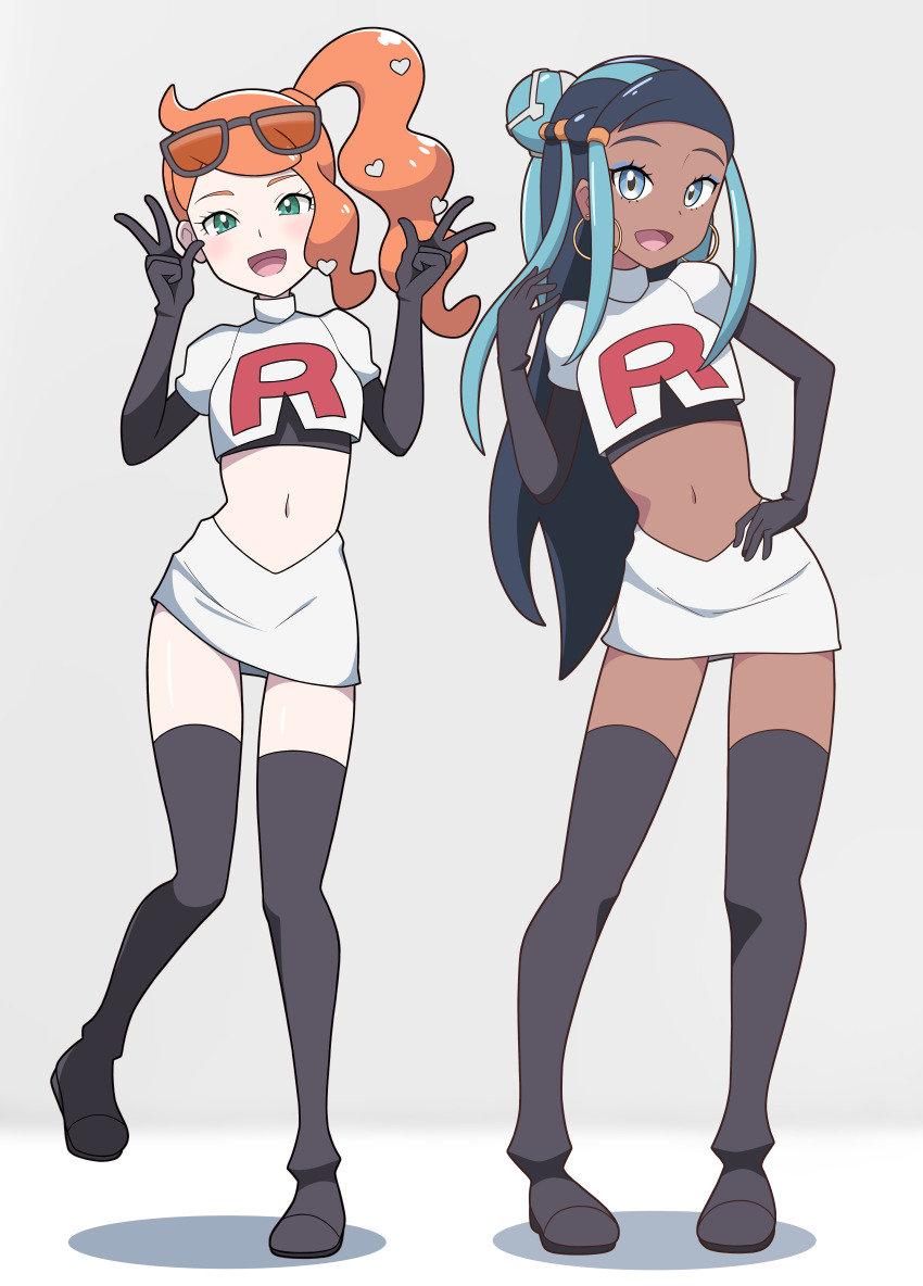 2girls :d absurdres aqua_hair araki_megami black_boots black_gloves black_hair boots commentary_request commission cosplay cropped_jacket dark-skinned_female dark_skin double_w earrings elbow_gloves eyelashes eyeshadow eyewear_on_head gloves green_eyes grey_background hair_bun hand_on_own_hip hand_up hands_up happy highres hoop_earrings jacket jessie_(pokemon) jessie_(pokemon)_(cosplay) jewelry logo long_hair makeup multicolored_hair multiple_girls nessa_(pokemon) nintendo open_mouth orange_hair pixiv_commission pokemon pokemon_(anime) pokemon_swsh side_ponytail sidelocks single_sidelock skirt smile sonia_(pokemon) standing standing_on_one_leg stomach sunglasses team_rocket team_rocket_uniform thigh_boots tongue two-tone_hair w white_jacket white_skirt