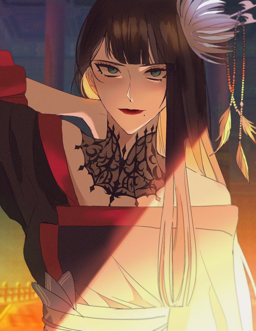 1girl arm_behind_back arm_behind_head black_collar black_hair black_kimono blue_eyes blunt_bangs chum3ff14 collar final_fantasy final_fantasy_xiv flower hair_flower hair_ornament hair_stick hand_on_own_neck highres hyur japanese_clothes kimono lace_collar long_hair looking_at_viewer mole mole_under_mouth obi red_lips red_trim sash solo straight-on straight_hair upper_body yotsuyu_goe_brutus