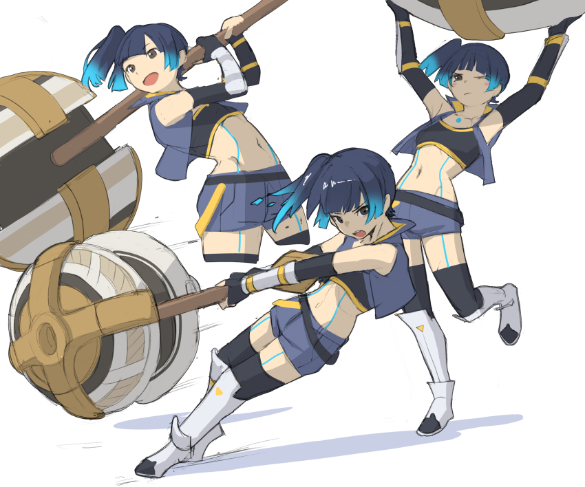 1girl belt black_gloves black_sports_bra black_thighhighs blue_hair blue_jacket blue_shorts blunt_bangs body_markings brown_eyes chest_jewel closed_mouth cropped_jacket elbow_gloves fingerless_gloves flat_chest gloves glowing_lines gradient_hair hammer highres holding holding_hammer jacket looking_at_viewer medaman midriff multicolored_hair multiple_views navel one_eye_closed open_clothes open_jacket open_mouth sena_(xenoblade) shorts simple_background sleeveless sleeveless_jacket sports_bra thighhighs weapon white_background xenoblade_chronicles_(series) xenoblade_chronicles_3