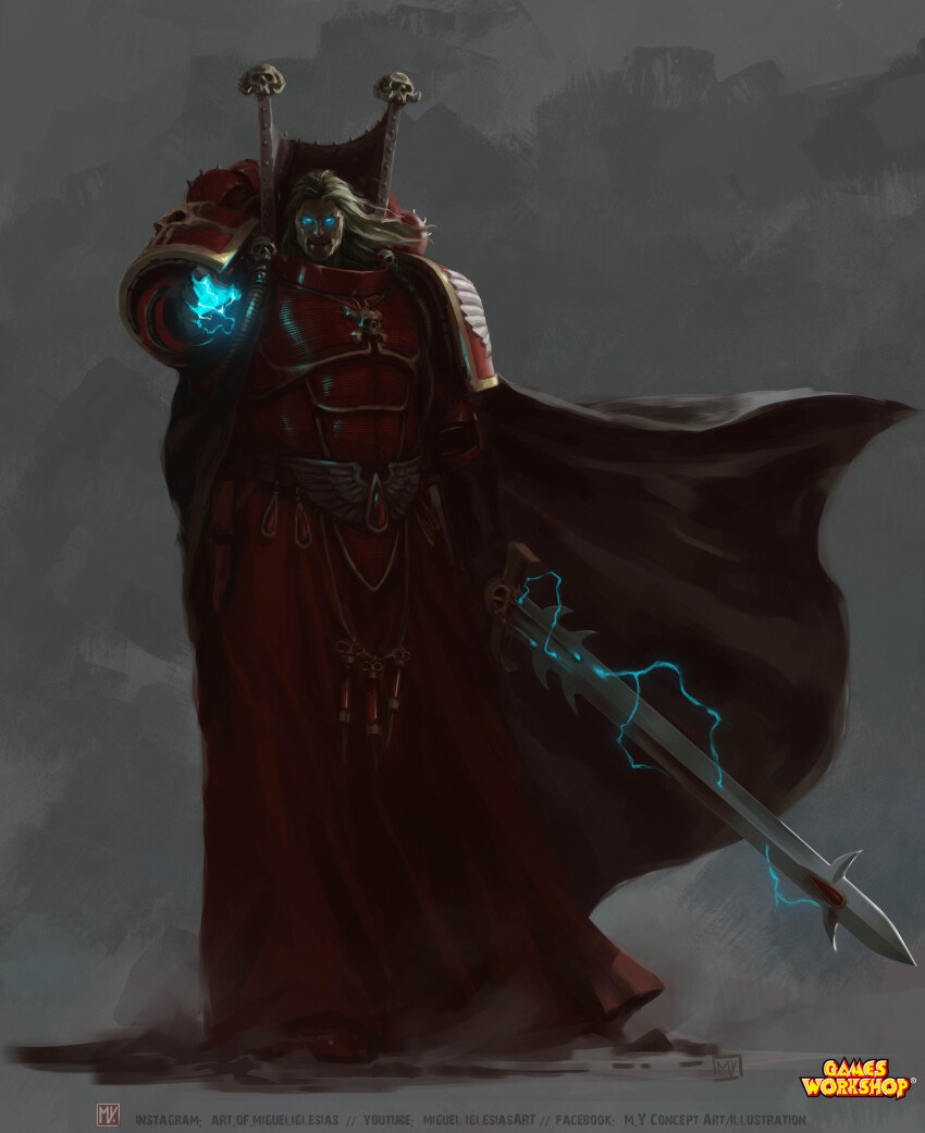 1boy absurdres armor artist_logo artist_name blonde_hair blood_angels blue_eyes breastplate cape company_name facebook_username gauntlets gem glowing glowing_eyes gold_trim gorget highres holding holding_sword holding_weapon instagram_username jewelry lightning logo long_hair mephiston_(40k) miguel_iglesias ornate_armor ornate_weapon pauldrons power_armor power_sword red_gemstone shoulder_armor simple_background skull skull_ornament solo spiked_armor sword warhammer_40k watermark weapon web_address youtube_username