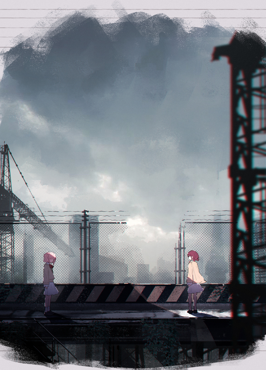 2girls blurry brown_cardigan brown_hair cardigan chain-link_fence chinese_commentary commentary_request crane_(machine) depth_of_field fence girls_band_cry highres hina_(girls_band_cry) iseri_nina low_twintails multiple_girls pink_hair short_hair short_twintails skirt standing twintails white_skirt wide_shot yun_cao_bing