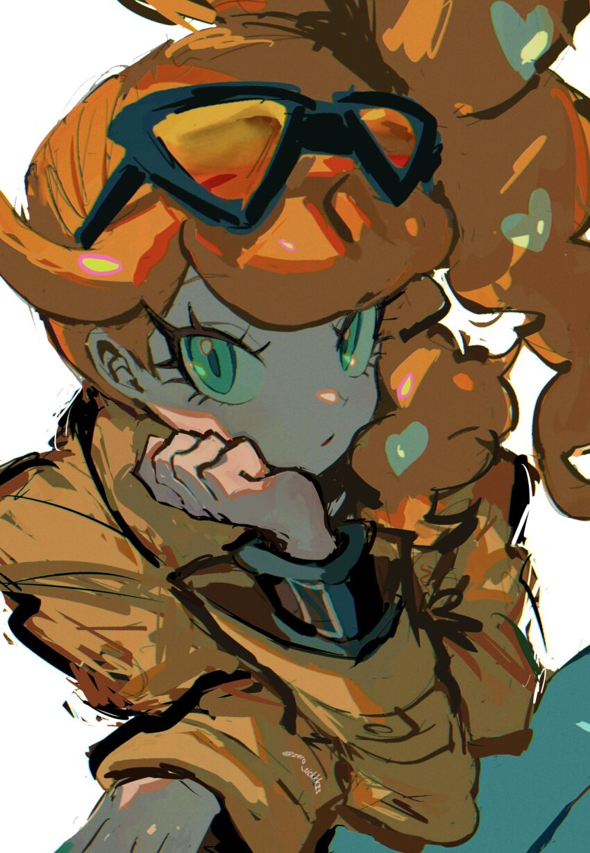 1girl aqua_eyes aqua_shirt black-framed_eyewear brown_coat coat crossed_arms crossed_legs denim eyewear_on_head hair_ornament hand_up head_rest heart heart_hair_ornament highres jeans long_hair nintendo orange-tinted_eyewear orange_hair pants pokemon pokemon_swsh ribbed_shirt shirt side_ponytail sitting solo sonia_(pokemon) sunglasses swept_bangs tinted_eyewear wavy_hair zs_(zero_sickkkzs)