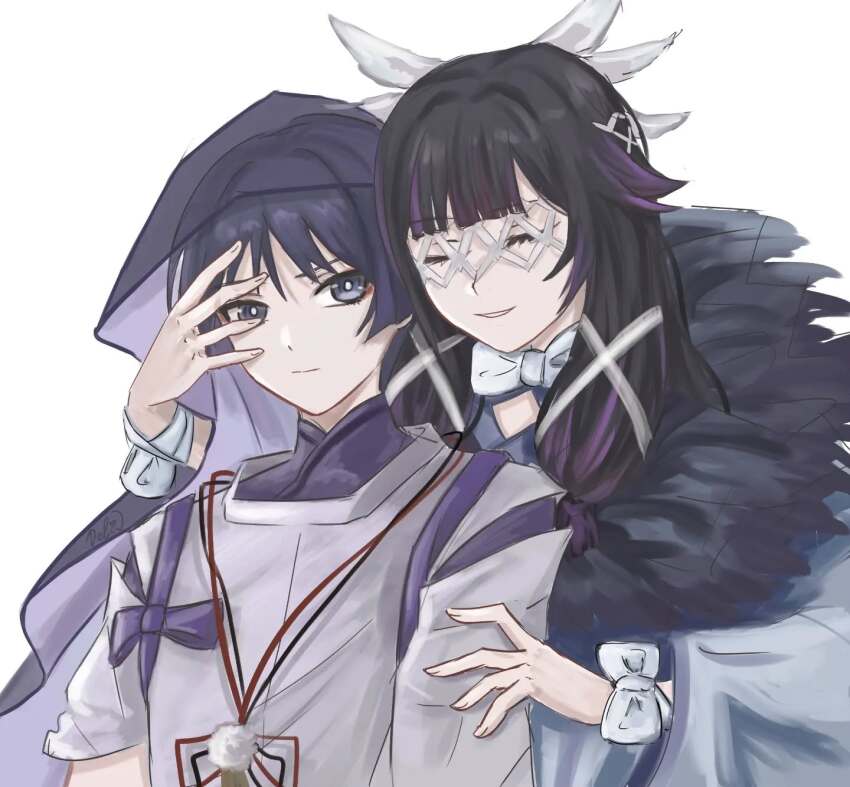 1boy 1girl arms_at_sides black_hair blunt_ends bow bowtie bright_pupils closed_eyes closed_mouth clothing_cutout coat columbina_(genshin_impact) delisha_lia eyelashes eyeliner eyeshadow facing_another feathers fingernails fur_collar genshin_impact grey_eyes grey_veil hair_ribbon hand_on_another&#039;s_arm hand_on_another&#039;s_face head_wings highres japanese_clothes kariginu kimono large_bow layered_sleeves long_hair makeup multicolored_hair multiple_wings parted_lips pom_pom_(clothes) purple_kimono purple_sleeves purple_veil red_eyeliner red_eyeshadow ribbon scaramouche_(genshin_impact) scaramouche_(kabukimono)_(genshin_impact) see-through_clothes see-through_veil shoulder_cutout sidelocks signature sleeves_rolled_up smile streaked_hair string tasuki tress_ribbon veil white_background white_bow white_bowtie white_coat white_mask white_mouth white_pupils white_ribbon white_sleeves white_wings wings wrist_bow x-shaped_eyewear yellow_feathers