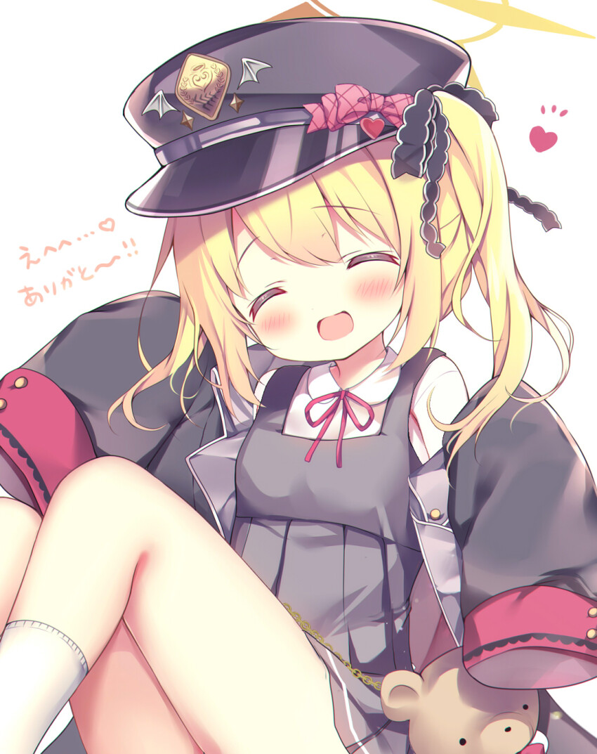 1girl :d ^_^ animal_bag azumi_kazuki bag black_bow black_hat black_jacket blonde_hair blue_archive blush bow closed_eyes collared_shirt commentary_request dress facing_viewer grey_dress hair_bow halo hat hat_bow heart highres ibuki_(blue_archive) jacket knees_up long_sleeves neck_ribbon off_shoulder open_clothes open_jacket open_mouth peaked_cap pinafore_dress pink_bow pleated_dress red_ribbon ribbon shirt shoulder_bag sleeveless sleeveless_dress sleeves_past_fingers sleeves_past_wrists smile socks solo translation_request twintails white_shirt white_socks