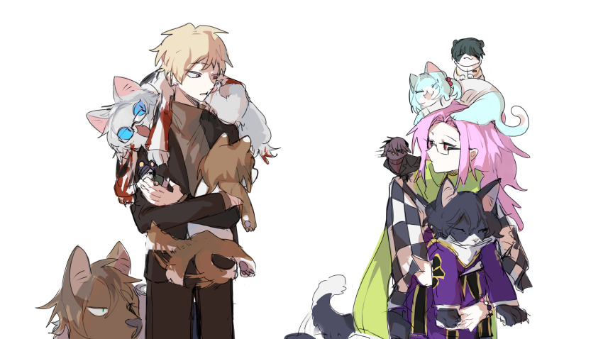 2boys :3 aiba_ibuki animal animalization atou_haruki bird black_jacket black_pants blonde_hair blood blood_on_clothes blue_sclera cat checkered_clothes chinese_commentary closed_mouth clothed_animal colored_sclera commentary_request dog enomoto_noa glasses harada_minoru hatsutori_hajime highres holding holding_animal isoi_rai isoi_reiji jacket kanou_aogu long_hair long_sleeves male_focus meng4294 mouse_(animal) multiple_boys official_alternate_costume open_clothes open_jacket open_mouth pants parted_bangs pink_hair red_eyes saibou_shinkyoku scarf semi-rimless_eyewear shinano_eiji short_hair simple_background smile sweater torn_clothes torn_sweater turtleneck turtleneck_sweater utsugi_noriyuki white_background yellow_scarf
