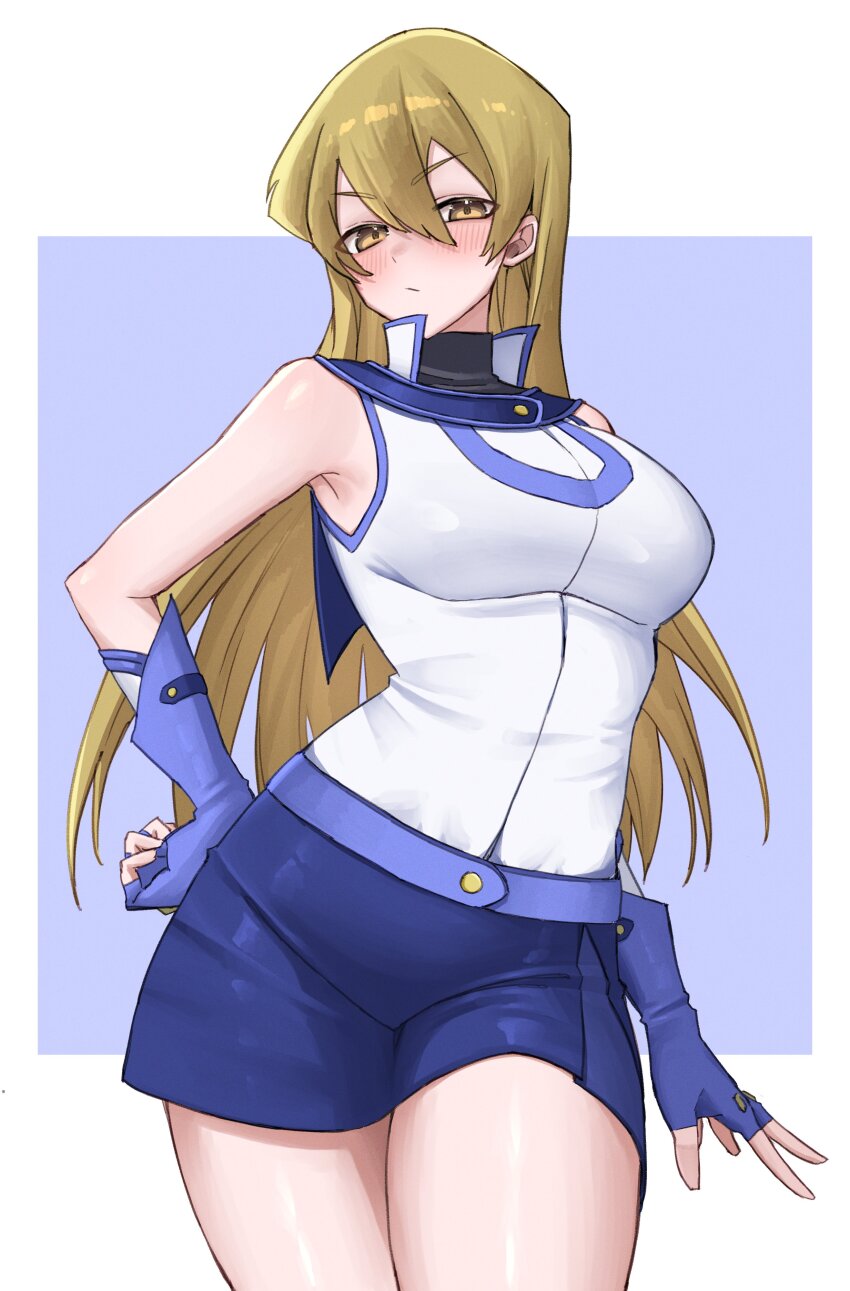 1girl blonde_hair blush border breasts brown_eyes duel_academy_uniform_(yu-gi-oh!_gx) female_focus gloves hand_on_own_hip highres looking_at_viewer medium_breasts shiny_skin simple_background skirt tenjouin_asuka turnipdish white_background white_border yu-gi-oh! yu-gi-oh!_gx