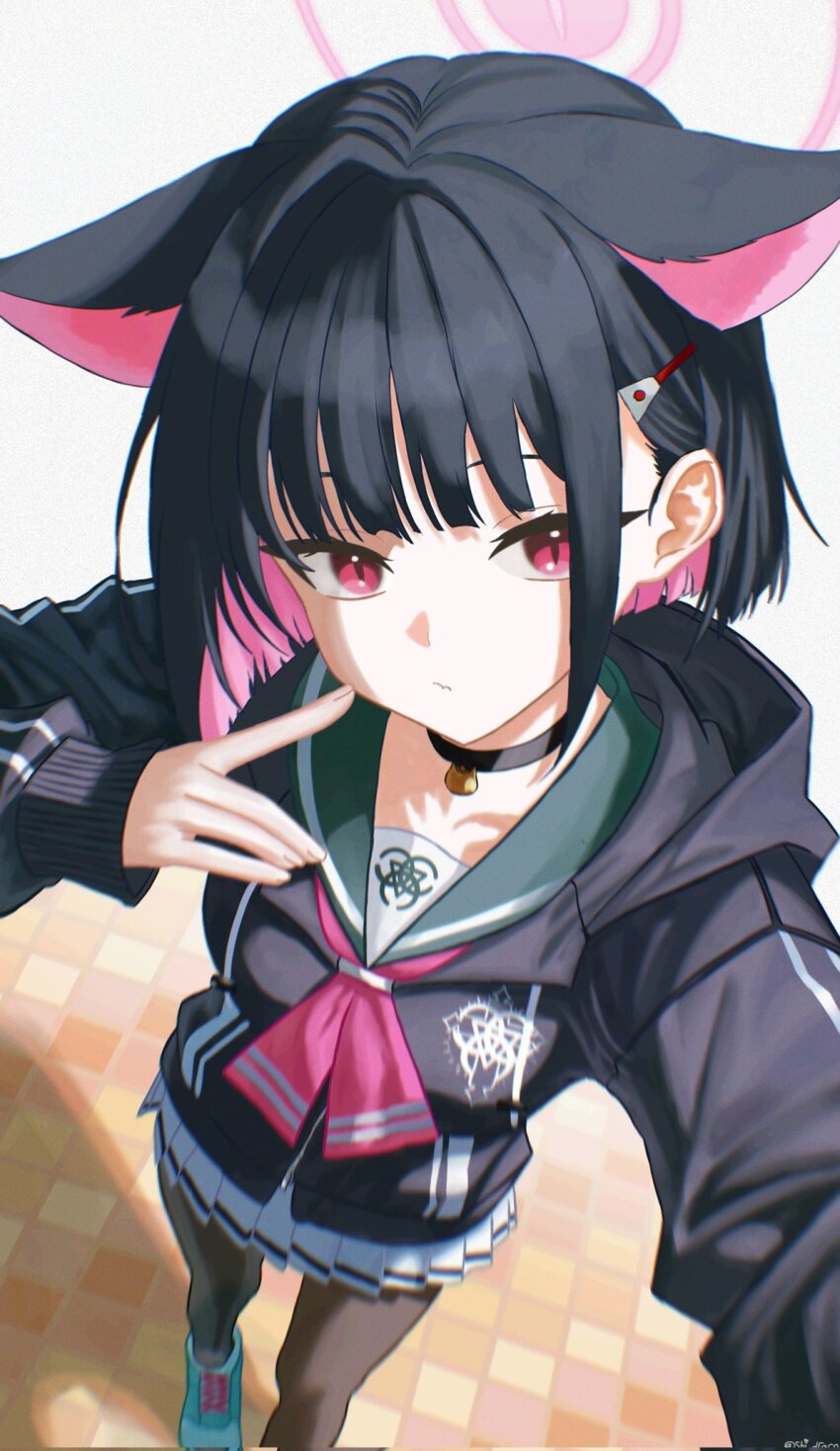 1girl animal_ears black_choker black_hair black_pantyhose blue_archive breasts cat_ears cat_girl choker closed_mouth colored_inner_hair eating extra_ears green_sailor_collar hair_ornament hairclip halo highres kazusa_(blue_archive) looking_at_viewer multicolored_hair neckerchief pantyhose pink_eyes pink_hair pink_neckerchief pleated_skirt sailor_collar school_uniform shi_draco shoes skirt two-tone_hair white_skirt