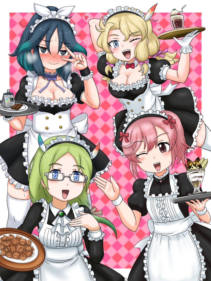 4girls absurdres adansosutega alternate_costume animal_ears apron back_bow black_dress blonde_hair blue_choker blue_eyes blue_hair blush bow bowtie brown_hair calenda_(kemono_friends) choker collar collared_dress detached_collar dress enmaided ezo_red_fox_(kemono_friends) food fox_ears fox_girl frilled_apron frilled_collar frilled_dress frilled_gloves frills gloves green_hair hair_between_eyes hair_bow highres kako_(kemono_friends) kemono_friends kemono_friends_3 long_hair long_sleeves maid maid_headdress mirai_(kemono_friends) multiple_girls nana_(kemono_friends) one_eye_closed open_mouth orange_hair parfait pink_eyes pink_hair puffy_short_sleeves puffy_sleeves red_bow red_bowtie semi-rimless_eyewear short_hair short_sleeves side_ponytail sidelocks smile thighhighs tray v wavy_mouth white_apron white_bow white_gloves white_thighhighs wrist_cuffs zettai_ryouiki