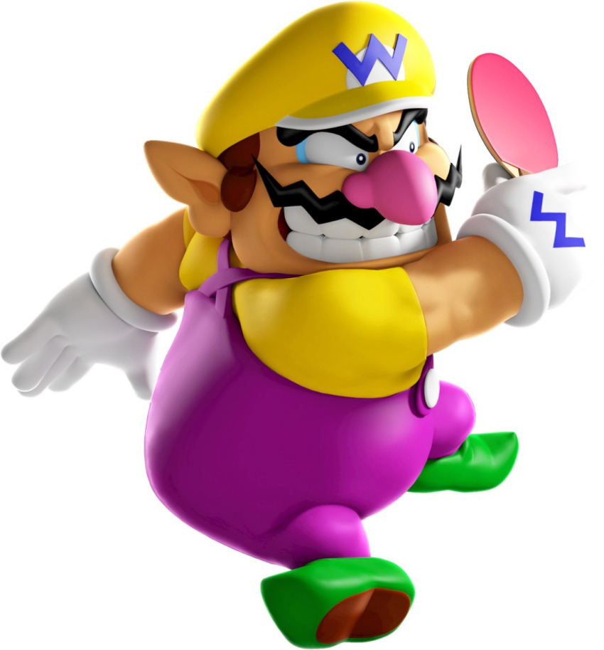 1boy 3d arm_up big_nose blue_eyes brown_hair buttons cabbie_hat clothes_writing facial_hair from_side full_body gloves green_shoes grin happy hat holding holding_table_tennis_paddle jumping male_focus mario_&amp;_sonic_(series) mario_&amp;_sonic_at_the_rio_2016_olympic_games mario_(series) mustache nintendo official_art outstretched_arms overalls paddle pointy_ears pointy_footwear purple_overalls shirt shoes short_hair short_sleeves simple_background smile solo table_tennis table_tennis_paddle teeth third-party_source v-shaped_eyebrows wario white_background white_gloves yellow_hat yellow_shirt